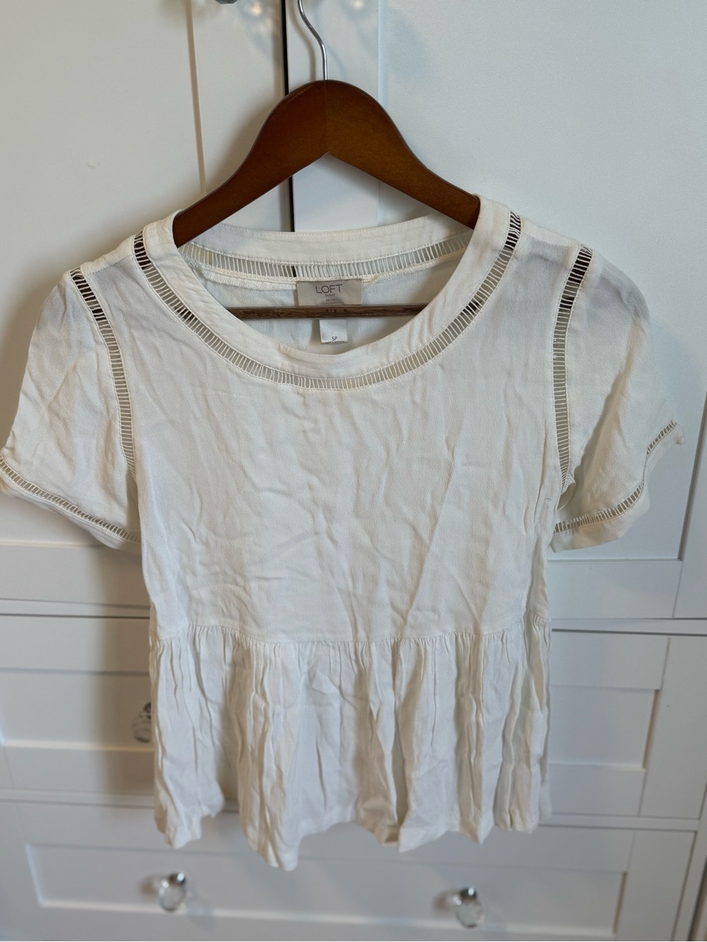 LOFT Cream Short-Sleeve Peplum Tunic with Ladder Trim